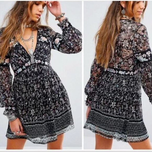 Free People Cherry Blossom Embroidered Floral Lace Dress Black Pink Size 6 NWT - Picture 1 of 5